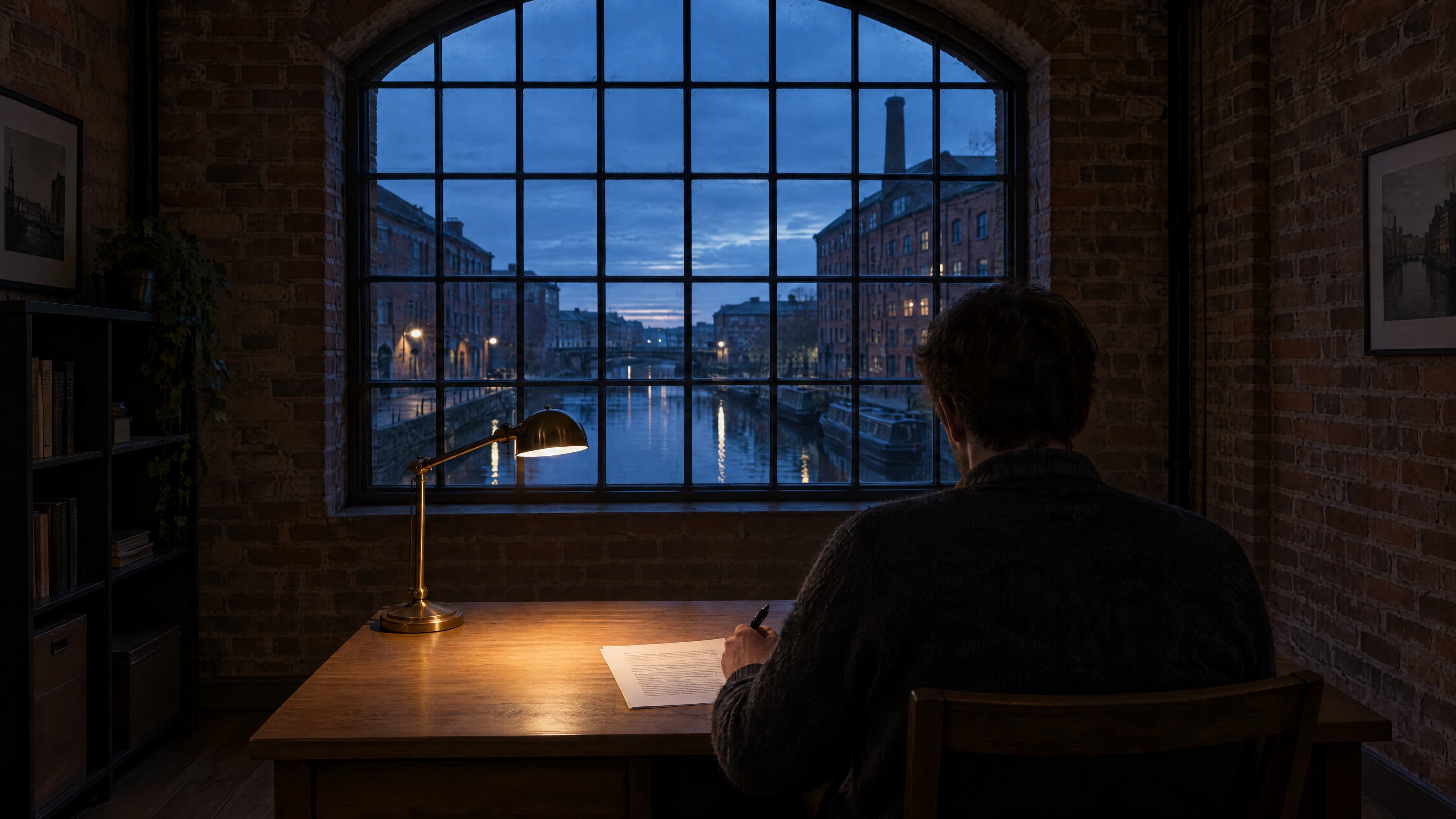 An investor at a desk by an arched window at dusk, the lamp on.