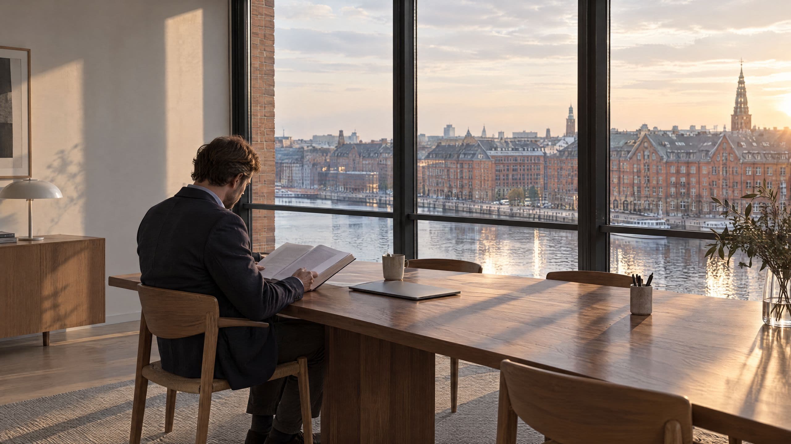 An investor reading at a long oak table, by a window over the water at sunset.