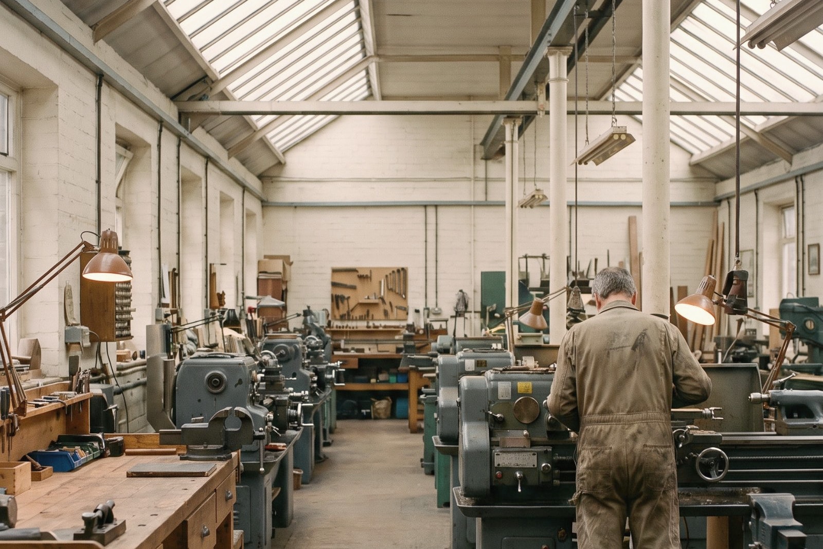 A machinist at a lathe in a workshop lit by its skylights.
