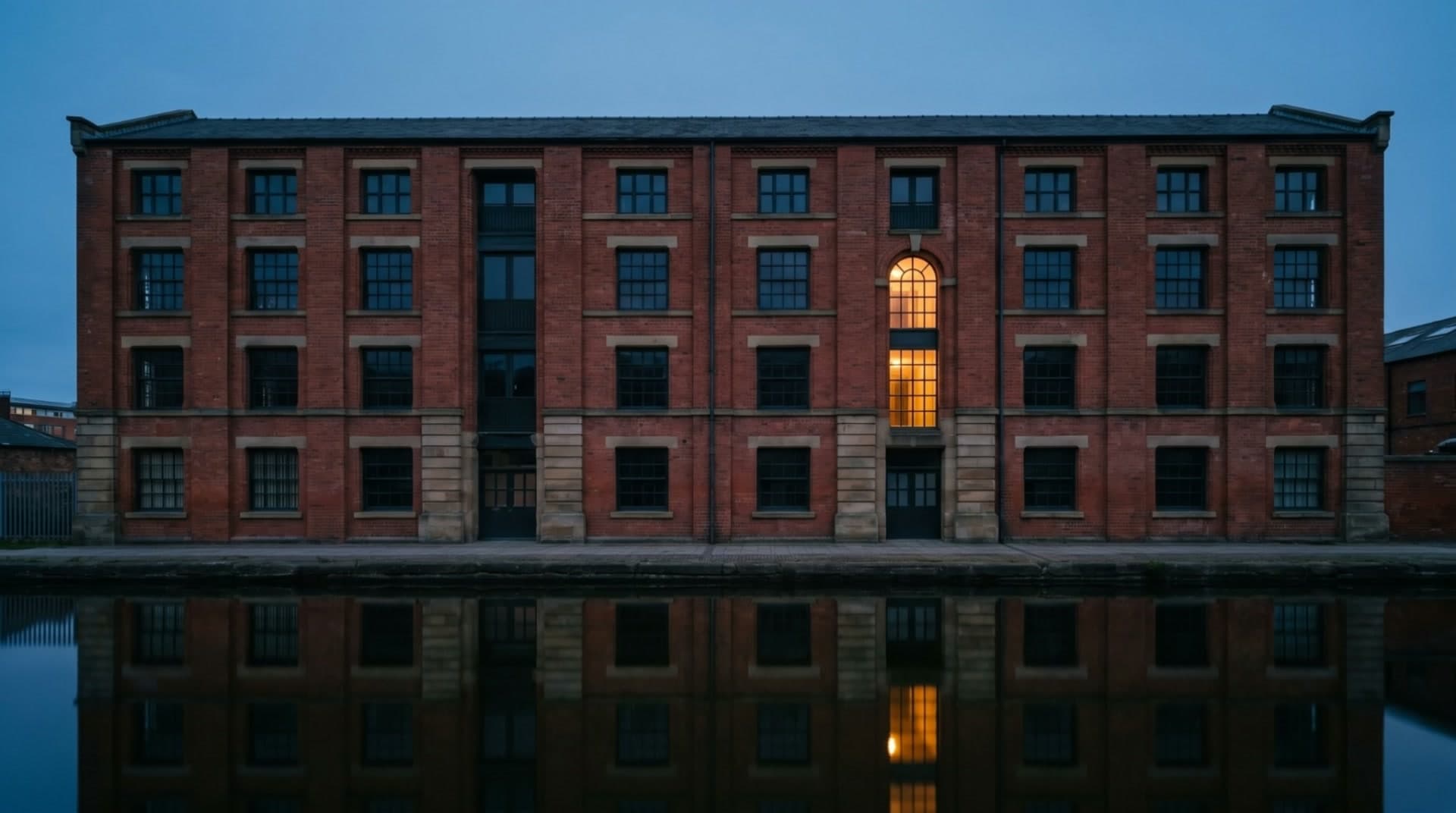 North Quay Works, a brick warehouse on a canal at dusk, with one window lit.