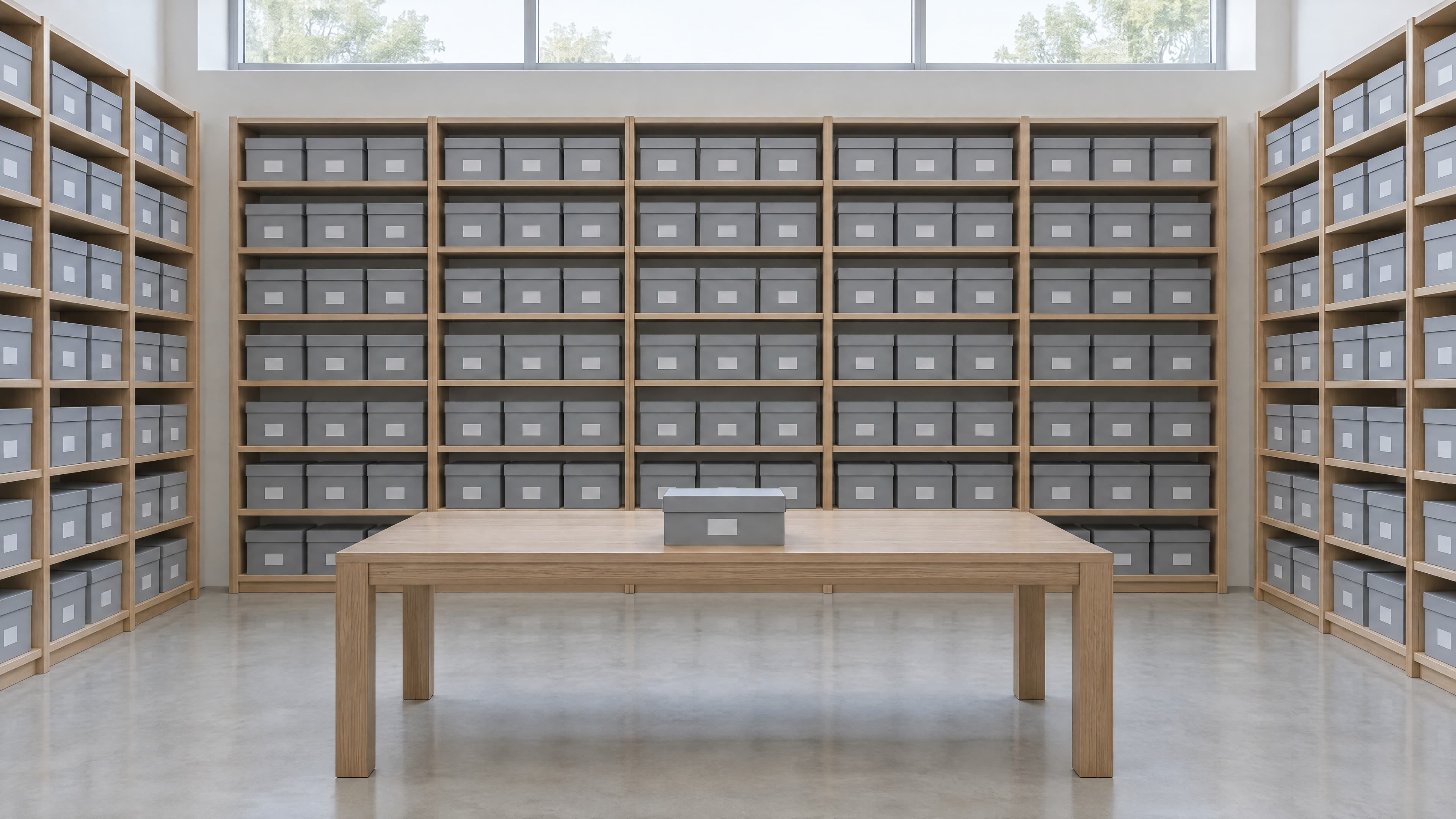 A records room: shelves of archive boxes around one long table.